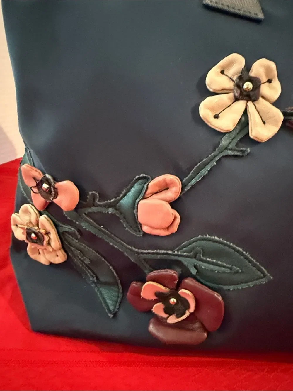 Karl Lagerfeld Navy Tote with Floral Appliqués & Inside Pockets